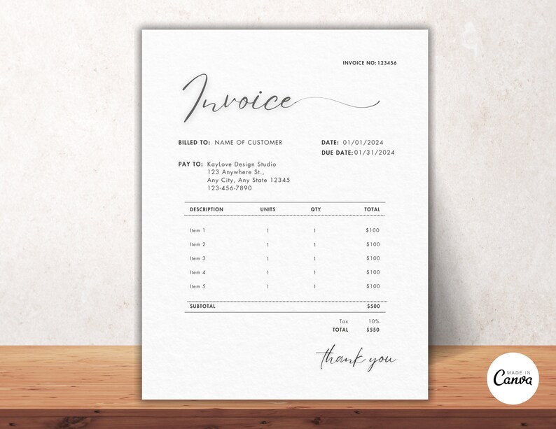 Invoice In Cursive Invoice Template Editable | Printable Custom Order Form | Invoice Form ...