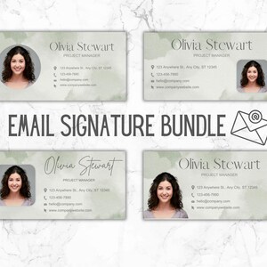 May include: Four email signature templates featuring a woman's headshot, contact information, and the text "Olivia Stewart, Project Manager". The background is a soft green watercolor design.