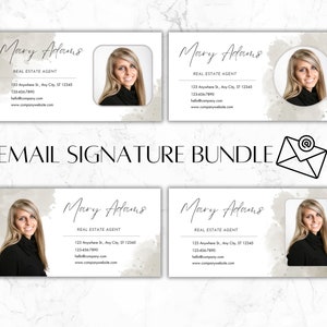 May include: Four email signature templates featuring a woman's headshot, her name "Mary Adams", and her job title "Real Estate Agent". The templates have a watercolor background and a simple, modern design.