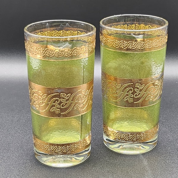 Vintage MCM Culver Starlyte Highball Glasses | Greenglass with 22K Gold Accents | Set of 2 Mid Century Bar Cart Drinking Glasses