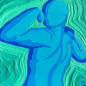 May include: An abstract oil painting of a figure in shades of blue against a light green background. The figure is posed with one arm raised, and the brushstrokes create a textured effect.