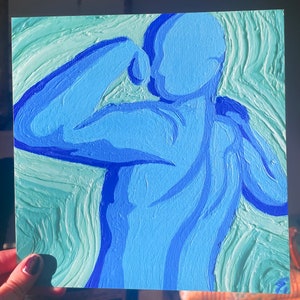 May include: Abstract painting of a human figure in shades of blue. The figure is depicted with bold brushstrokes, with a light blue background and a darker blue figure. The artwork has a textured appearance.