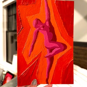 May include: A vibrant abstract painting featuring a stylized figure in shades of pink against a backdrop of layered orange and red hues. The artwork has a textured, brushstroke finish, creating a dynamic visual effect.