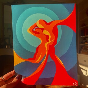 May include: An abstract painting featuring two figures in warm tones of orange and red, set against a gradient blue background. The figures are intertwined, with flowing lines suggesting movement and energy. The artwork evokes a sense of connection.