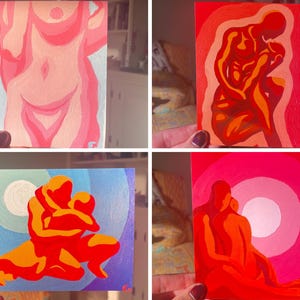 May include: A series of four small abstract paintings. The first depicts a nude figure in shades of pink. The other three feature embracing figures in warm colors like red, orange, and yellow. The backgrounds vary, including gradients and circular designs.