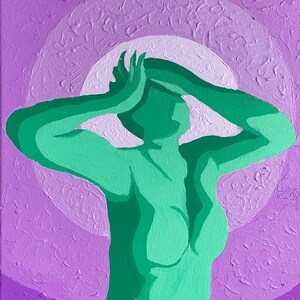 May include: An abstract painting of a figure in shades of green against a textured purple background. The figure's arms are raised above the head. The background features concentric circles of varying shades of purple.