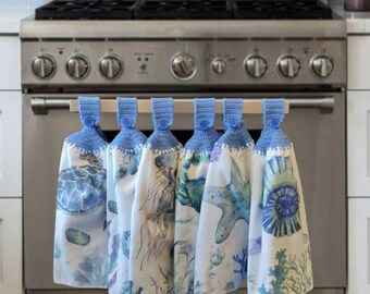 Sea Animals High-Quality Crochet Hanging Tea Towel, Microfibre Towel Kitchen Decor, Hanging Dish Towel with Crochet Topper and Button