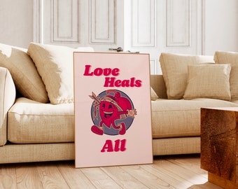 Love Heals All Print, Retro Cartoon Art, Retro Wall Print, Digital Print, Heart Cartoon, Positivity Art, Dorm Decor, Wall Art
