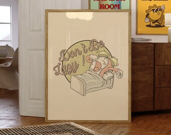 Don't Be Lazy Print, Funny Wall Art, Retro Cartoon Art, Sleep Art, Digital Prints, Retro Wall Art, Dorm Decor, Preppy Art, Wall Art