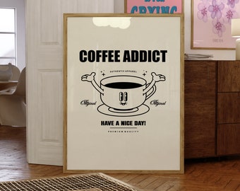 Coffee Addict Print, Retro Cartoon Art, Retro Wall Art, Kitchen Poster, Trendy Wall Decor, Digital Prints, Wall Art