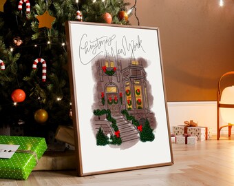Christmas in New York Print, NYC Townhouse Art, Holiday Art Print, Calligraphy, Digital Prints, Christmas Gifts, Wall Art