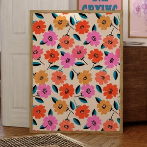 Retro Flower Art Decor, Floral Art Print, Girly Trendy Art, Retro Flower Poster, Digital Prints, Home Decor, Wall Art