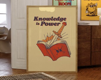 Knowledge is Power Print, Retro Cartoon Art, Kids Art, Classroom Wall Art, Digital Prints, Book Wall Art, Retro Art, Wall Art