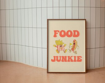 Food Junkie Print, Junk Food Art, Retro Cartoon Prints, Fast Food Cartoons, Digital Prints, Retro Wall Art, Kitchen Posters, Wall Art