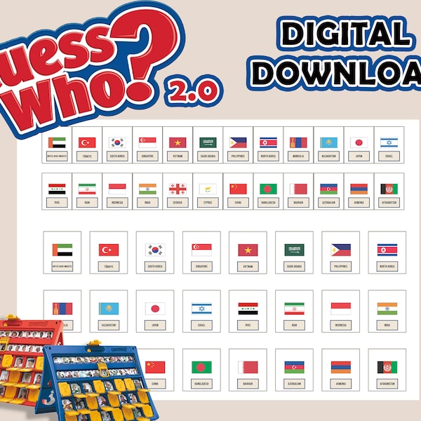 FLAGS ASIA Guess Who? 2.0 Printable Insert Cards | Digital Download | Print At Home | Guess Who Cards | Party Games | DIY Gift