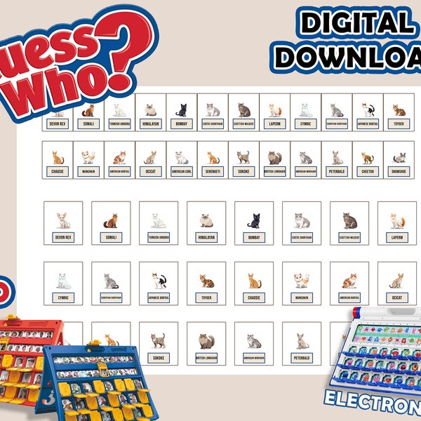 CAT LOVERS V2 Guess Who? 2.0 | Printable Insert Cards | Digital Download | Print At Home | Guess Who Cards | Party Games | DIY School