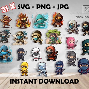 Ninja-SVG | BÜNDEL | Herunterladen | Druckbar | Cartoon-Aufkleber | Schattenbild | Sublimation | sofort | PNG | Anime | Geburtstagsfeier | Junge