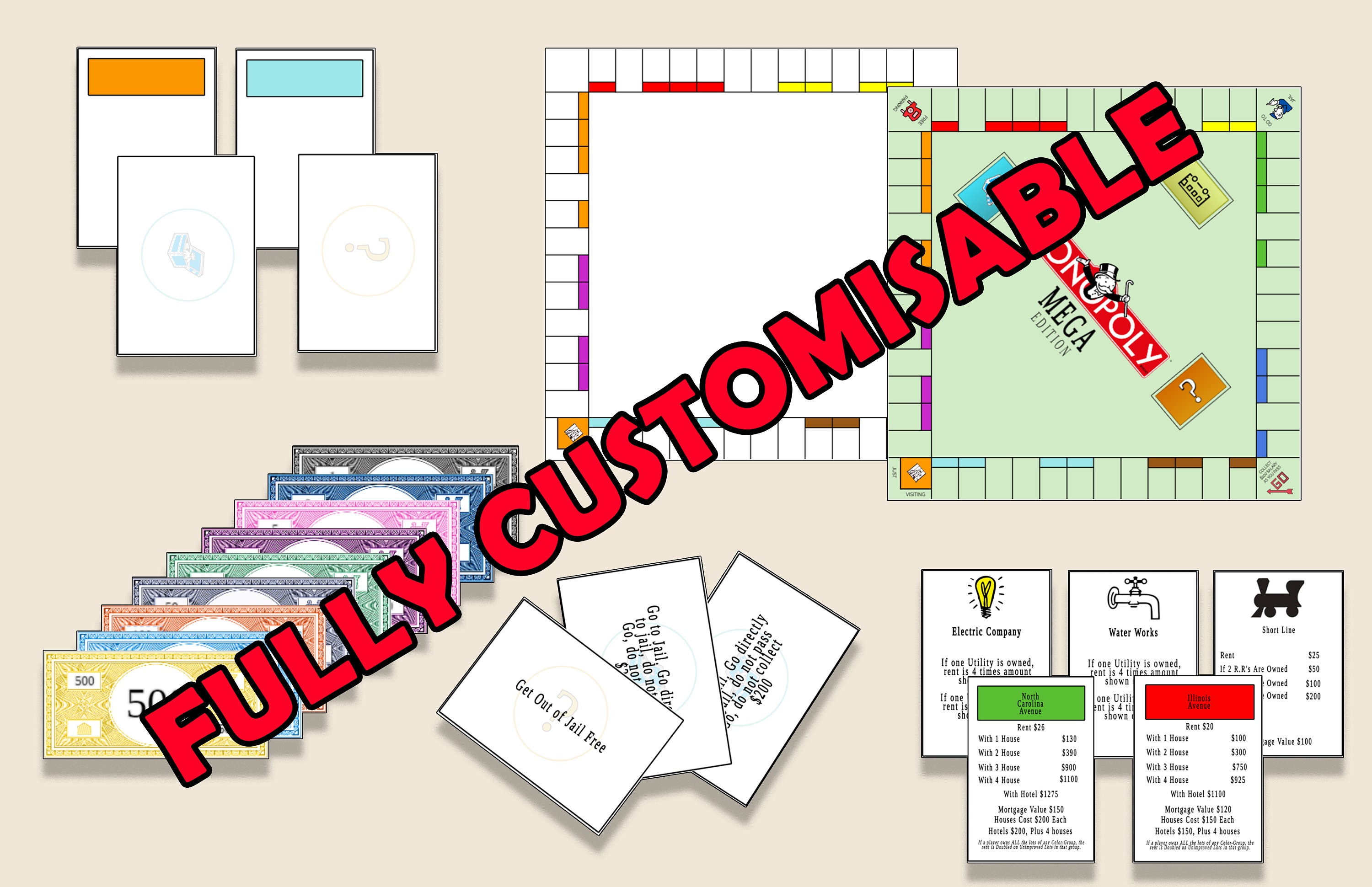 Custom MEGA Monopoly Template Online Editor Jettemplate Download Bonus  Graphics Editable Ready to Print Idea 