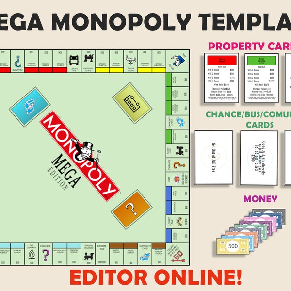 Custom MEGA Monopoly Template | Online Editor | Jettemplate | Download | Bonus Graphics | Editable | Ready To Print | Idea