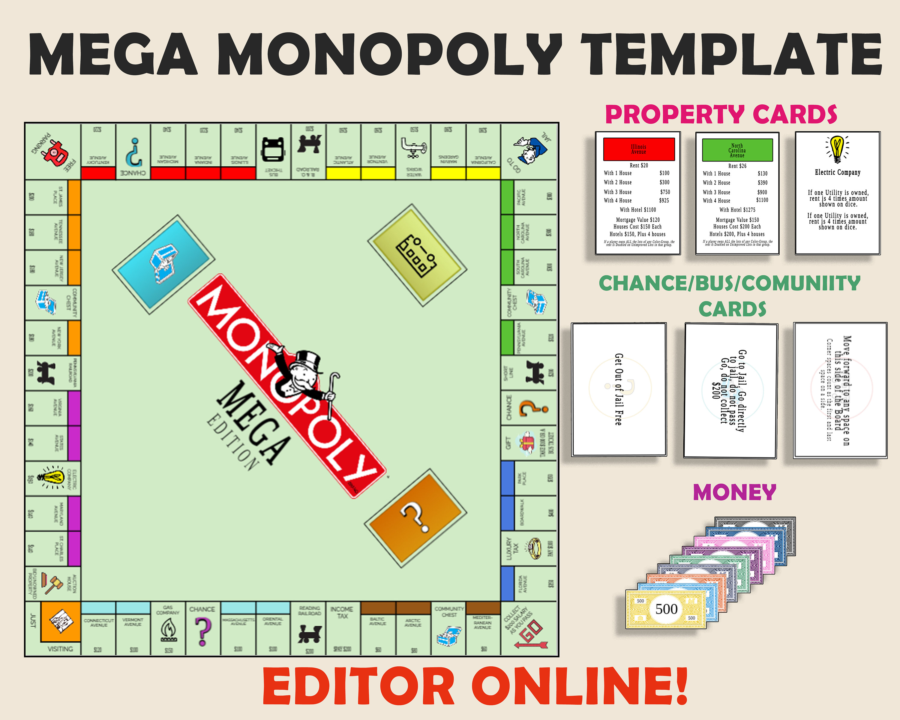 Custom MEGA Monopoly Template Online Editor Jettemplate Download Bonus  Graphics Editable Ready to Print Idea 