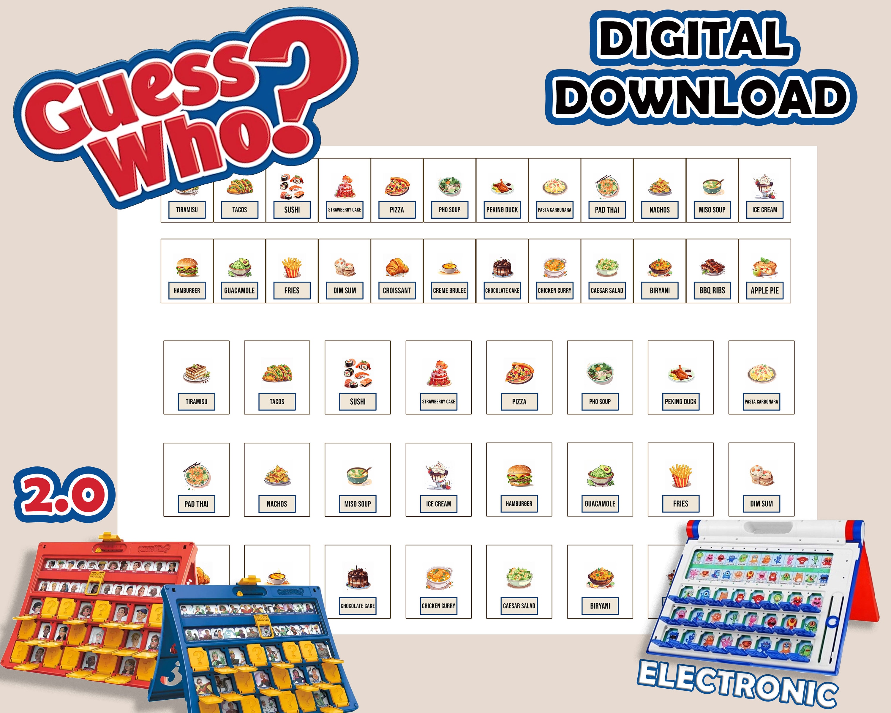 FOOD v1 Guess Who? 2.0 | Printable Insert Cards | Digital Download | Print At Home | Guess Who Cards | Party Games | DIY School