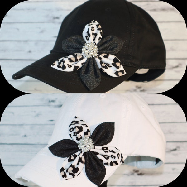 Leopard and Black Rhinestone Flower Shabby Chic Flower Hat Women's Rhinestone Hat Bling Hat Distressed Hat