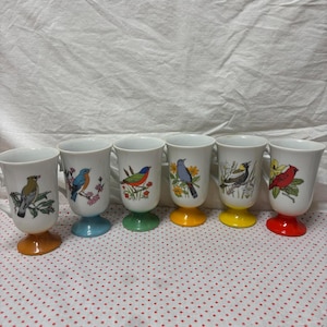Vintage Japan pedestal mug set with birds and flowers