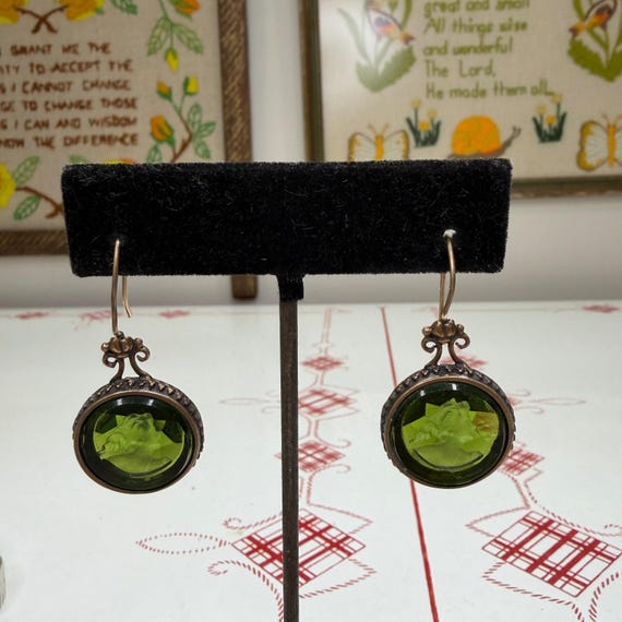 Green glass intaglio cameo earrings vintage