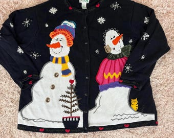 Vtg 90s The Quacker Factory Schneemann Strickjacke Bestickte Jacke Gr. 2X