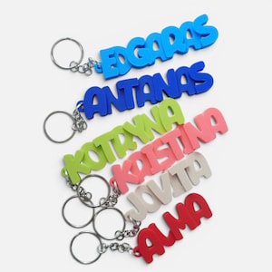 Op de afbeelding: Een verzameling kleurrijke naam sleutelhangers. Elke sleutelhanger heeft een andere naam in vetgedrukte, 3D-letters. De sleutelhangers zijn in verschillende kleuren, waaronder blauw, groen, roze en rood, en zijn bevestigd aan zilveren sleutelringen.