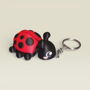 Peut inclure: Un porte-clés coccinelle imprimé en 3D. La coccinelle a une carapace rouge avec des points noirs, une tête noire et des pattes noires. Le porte-clés comprend un anneau en métal argenté attaché à la tête de la coccinelle.