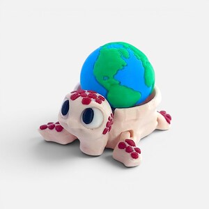 Peut inclure: Figurine de tortue rose clair avec un globe bleu et vert sur le dos. La tortue a de grands yeux et des détails rouges sur sa carapace et ses nageoires. Le globe représente les continents.