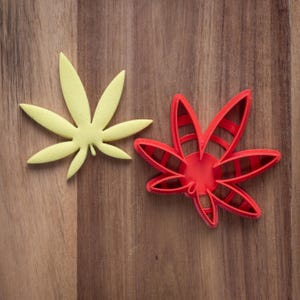 May include: Two leaf-shaped items on a wooden surface. One is a solid, light yellow leaf. The other is a red, open-design leaf. The leaves are likely cookie cutters or craft supplies.