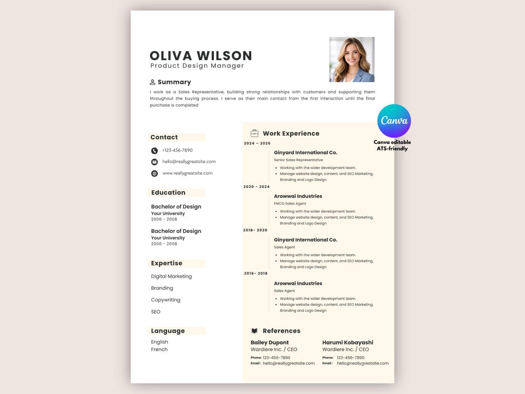 Modern Canva Resume Template | Ats-friendly Cv With Cover Letter ...