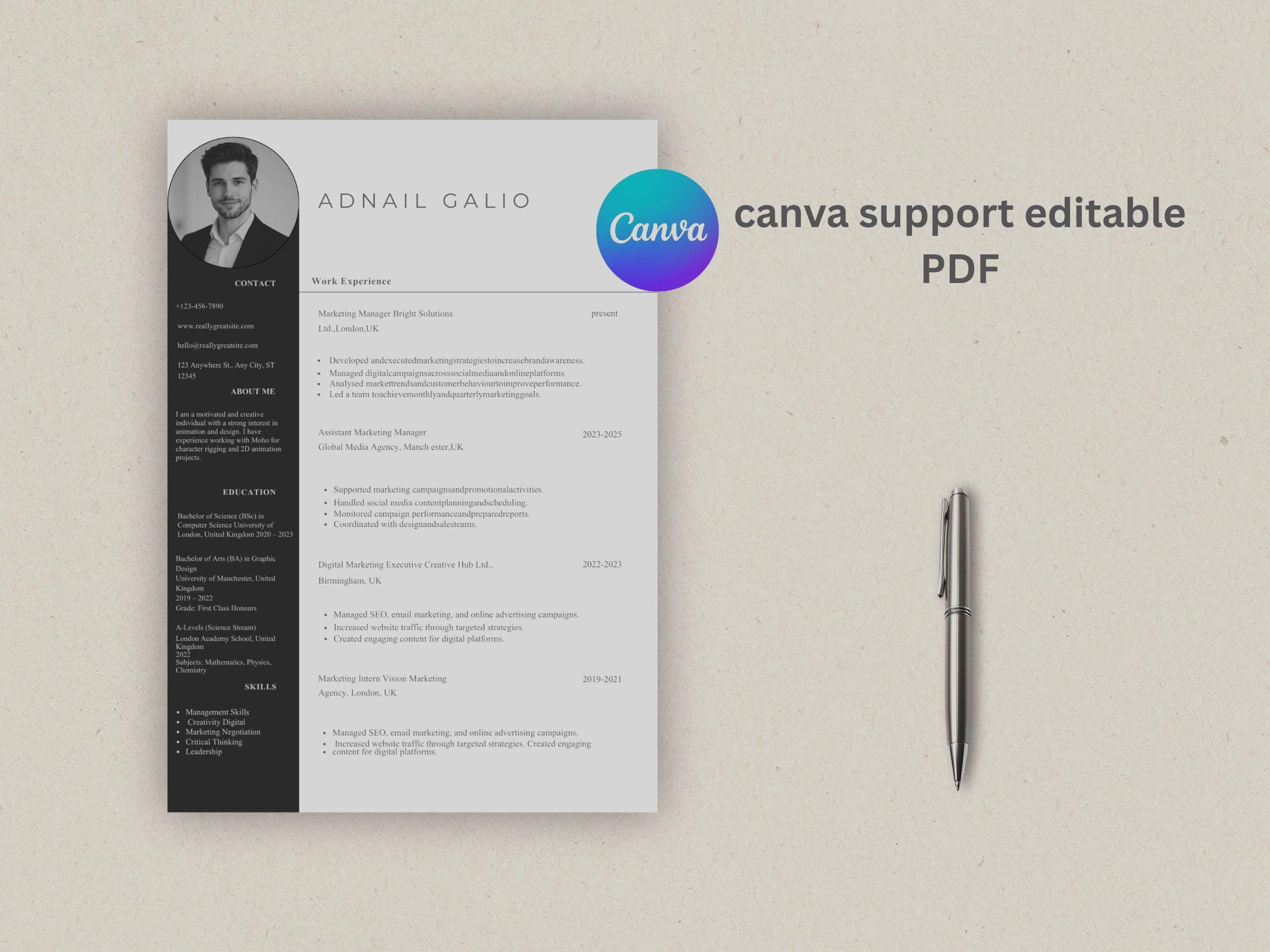 Modern Canva Resume Template | Modern Professional Cv PDF Download ...