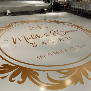 Gold Monogram, Wedding,  Floor Wrap Full Print Custom Wrap Gloss Removable Vinyl. Wedding Dancefloor design. Free Shipping