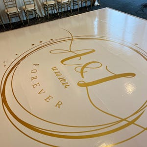 Gold Initials, Forever Monogram, Wedding,  Floor Wrap Full Print Custom Wrap Gloss Removable Vinyl. Wedding Dancefloor design. Free Shipping