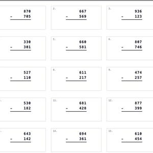 May include: A white student practice worksheet titled Three Digit Subtraction Practice (Set A) featuring eighteen maths problems. Each problem displays two three-digit numbers stacked for subtraction within a rectangular box. Includes fields for name, date, and score.