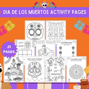 Páginas de actividades del Día de los Muertos, Coloración del Día de Muertos, Coloración de calaveras de azúcar, Actividad imprimible de otoño, Juegos para niños, Paquete de 21 páginas