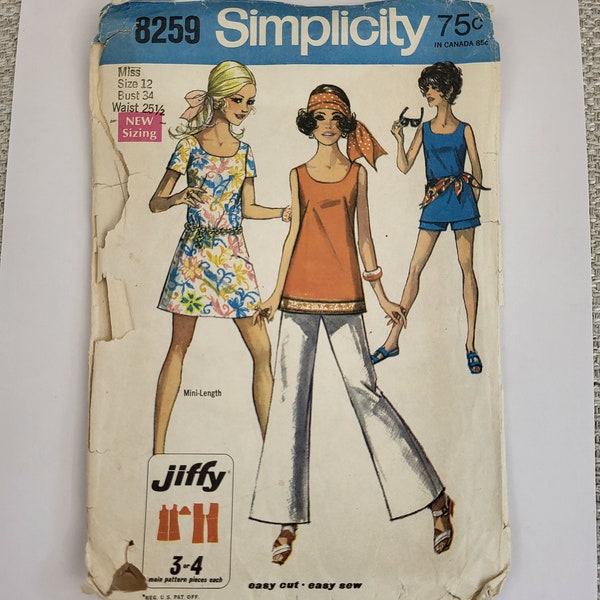 Simplicity 8259 - pantalon, short et tunique 60s - Buste 34