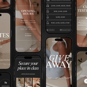 May include: A series of smartphone screens with a dark background. The screens display information about a Pilates studio, including opening hours, class schedules, client testimonials, and a giveaway promotion. The overall theme is fitness and wellness.