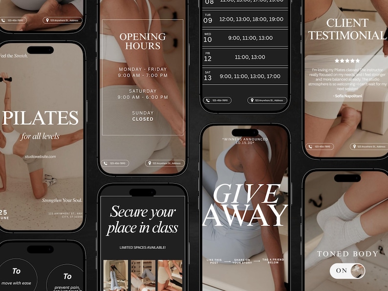 May include: A series of smartphone screens with a dark background. The screens display information about a Pilates studio, including opening hours, class schedules, client testimonials, and a giveaway promotion. The overall theme is fitness and wellness.