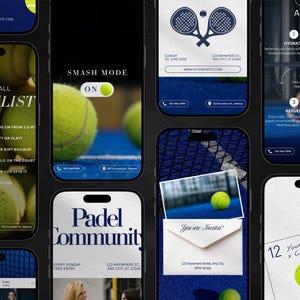 May include: A collection of smartphone screens featuring padel tennis themes. The screens display information about padel ball checklists, smash mode, event invitations, and post-game recovery tips. The color scheme is primarily blue and white, with tennis balls.