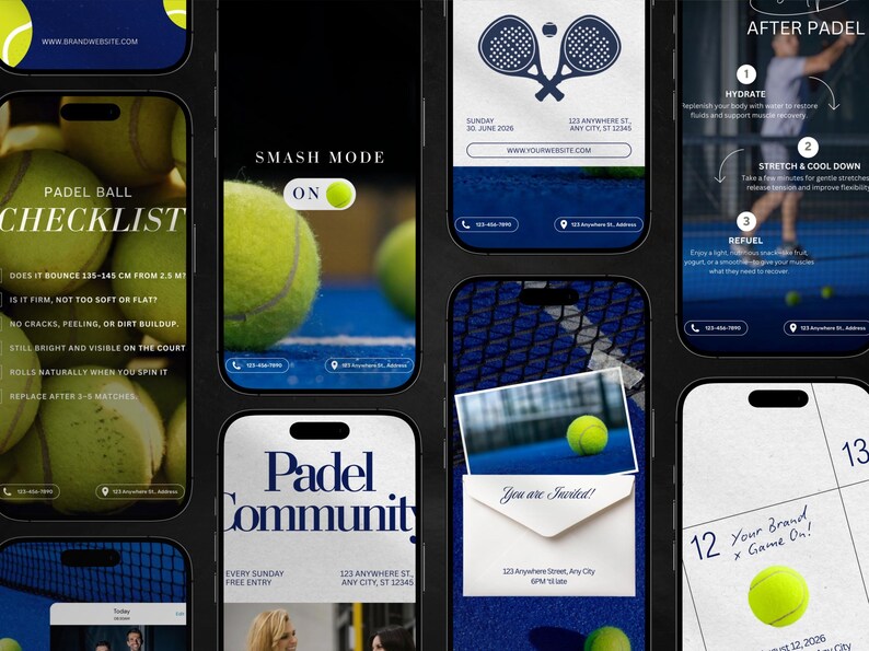 May include: A collection of smartphone screens featuring padel tennis themes. The screens display information about padel ball checklists, smash mode, event invitations, and post-game recovery tips. The color scheme is primarily blue and white, with tennis balls.