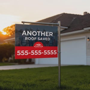 Può includere: Un cartello rettangolare montato su un palo di metallo. Il cartello presenta uno sfondo scuro con il testo bianco ANOTHER ROOF SAVED, un logo rosso con il testo HANOVER ROOFING SERVICES e il numero di telefono 555-555-5555 in bianco su base rossa.