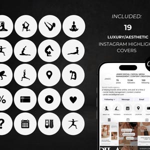 May include: Black and white Instagram highlight covers featuring yoga poses, icons, and text. The image includes 19 luxury and aesthetic covers, with a phone displaying a social media profile. Text includes "JANDO SOCIAL" and "CONTENT CREATION."