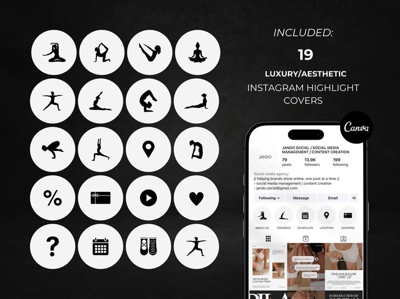 May include: Black and white Instagram highlight covers featuring yoga poses, icons, and text. The image includes 19 luxury and aesthetic covers, with a phone displaying a social media profile. Text includes "JANDO SOCIAL" and "CONTENT CREATION."
