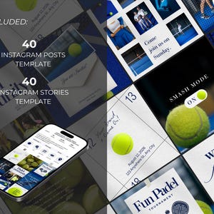 May include: A digital marketing template set for padel tennis, featuring 40 Instagram posts and 40 Instagram stories. The design includes tennis balls, calendar layouts, and the text "Smash Mode On."