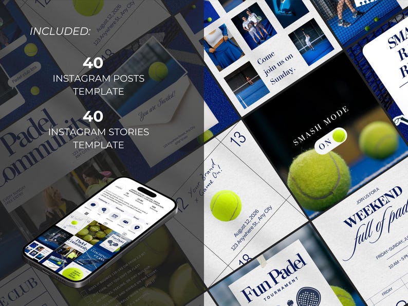 May include: A digital marketing template set for padel tennis, featuring 40 Instagram posts and 40 Instagram stories. The design includes tennis balls, calendar layouts, and the text "Smash Mode On."