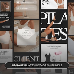 May include: A collage of images promoting Pilates, featuring women in activewear, studio opening details, and the text "119-PAGE PILATES INSTAGRAM BUNDLE." The images include workout poses, a starter pack, and the words "Pilates Princess."